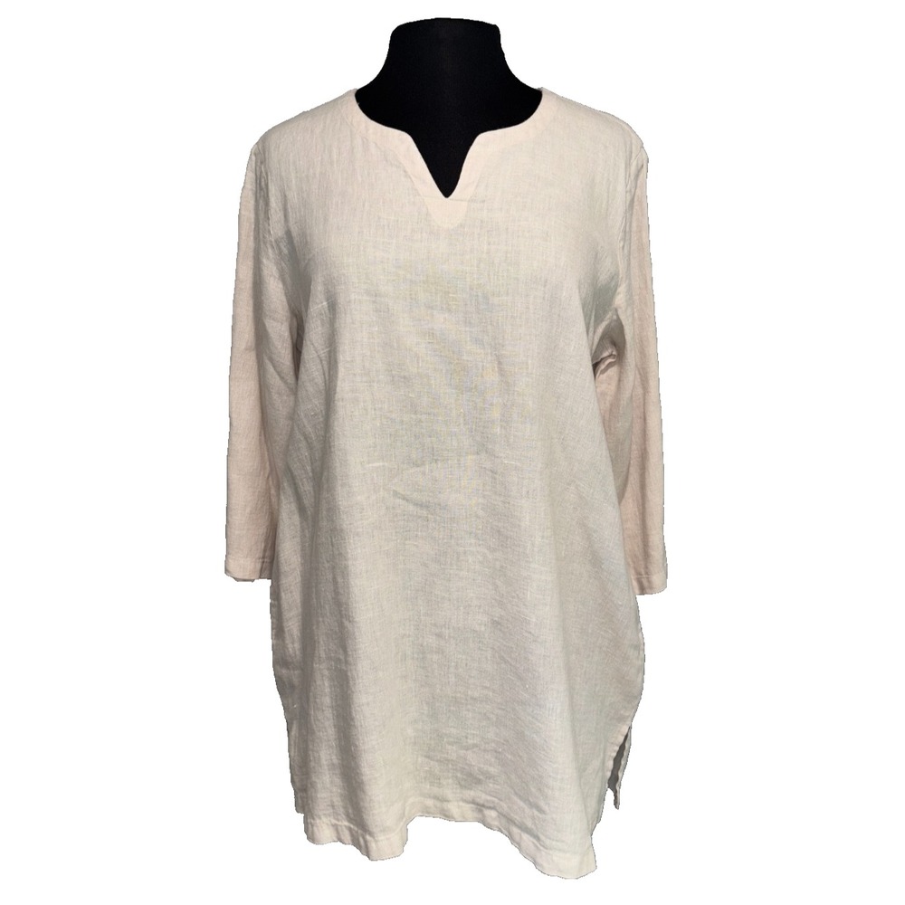 Focus Womens 100% Linen Tunic Top M Natural Split Neck 3/4 Sleeve Side Slits NWT